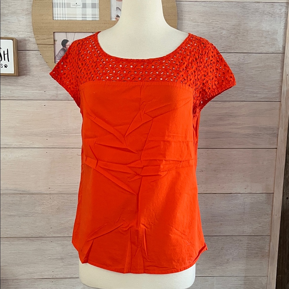 LOFT Vibrant Orange Lace Accent Blouse S